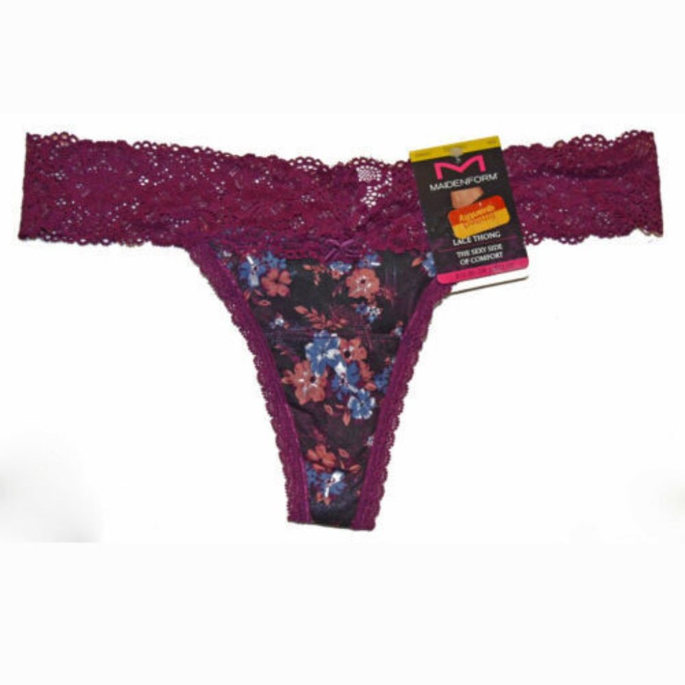 Maidenform NWT Black Floral Comfort Devotion Allover Lace Thong Panty DMESLT 5 6